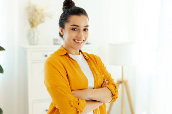 Portrait Gorgeous Arabian Indian Ethnicity Young Woman Dressed Orange Shirt Stock Photo