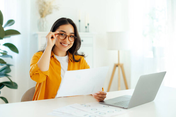 Attractive Confident Arabian Indian Brunette Woman Wearing Eyeglasses Secretary Financial Stock Photo