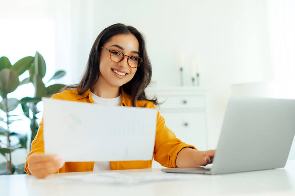 Working Process Positive Arabian Indian Brunette Woman Wearing Eyeglasses Secretary Stock Image
