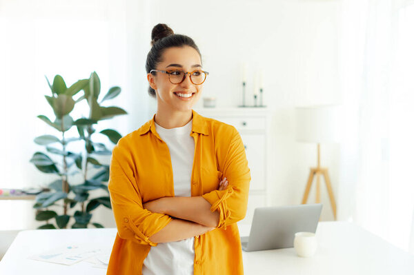 Portrait Confident Gorgeous Arabian Indian Young Woman Orange Shirt Eyeglasses Stock Picture