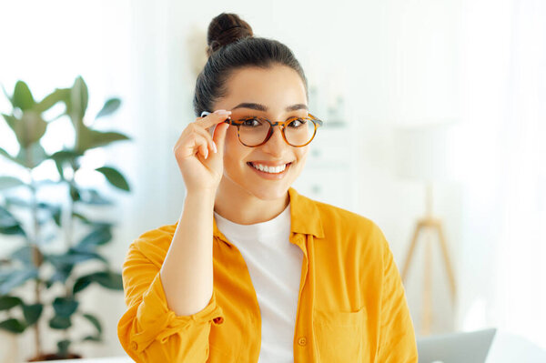 Close Successful Pretty Arabian Indian Young Woman Eyeglasses Manager Freelancer Stock Picture