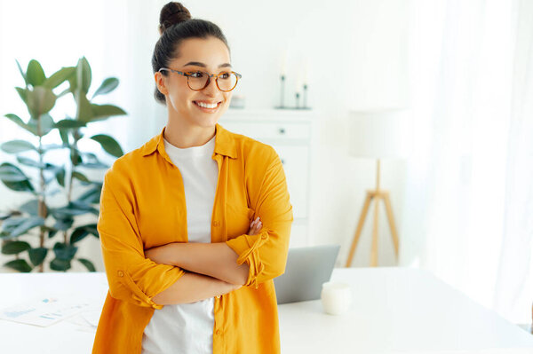 Portrait Successful Pretty Arabian Indian Young Woman Orange Shirt Eyeglasses Royalty Free Stock Photos