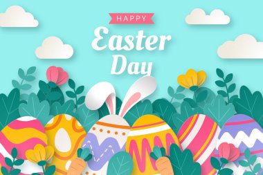 Kağıt kesikli, tavşan çiçekli ve yumurta resimli mutlu Paskalyalar.