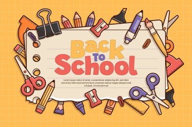 Okul elemanları ve öğelerle okul vektör şablonuna geri dönelim. Eğitim afişi ve posteri. Reklam, web, sosyal medya şablonu. Vektör İllüstrasyonu