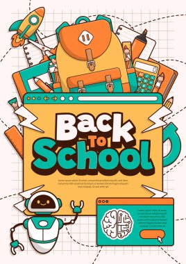 Okul elemanları ve öğelerle okul vektör şablonuna geri dönelim. Eğitim afişi ve posteri. Reklam, web, sosyal medya şablonu. Vektör İllüstrasyonu