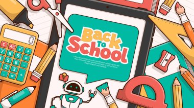 Okul elemanları ve öğelerle okul vektör şablonuna geri dönelim. Eğitim afişi ve posteri. Reklam, web, sosyal medya şablonu. Vektör İllüstrasyonu