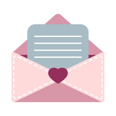 Flat illustration with open envelope with love letter and heart. Element for romantic design for Valentines Day. Colorful vector illustration for greetings, postcard, cards.
