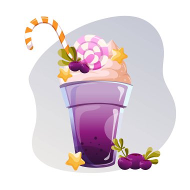 Dondurma, şeker ve böğürtlenli yaban mersinli milkshake. Taze yaban mersinli ferahlatıcı bir kokteylin vektör çizimi.