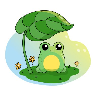 Yaprağın altındaki sevimli, gülümseyen kurbağa bebek. Kawaii karakteri. Baskı tasarımı, çocuk giyimi, kitap tasarımı ve kartpostallar için karikatür tarzında harika bir renk çizimi.