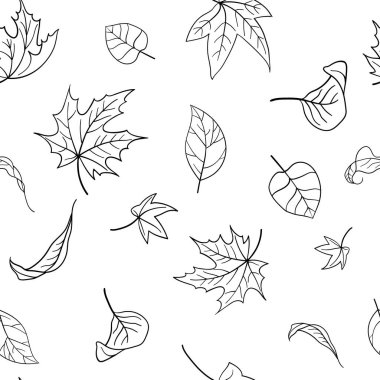 Düşen sonbahar yapraklarının kusursuz deseni. Siyah yaprak çizgileri beyaz arka plana elle çizilmiş. Tekstil baskısı, ambalaj kağıdı, duvar kağıdı için vektör illüstrasyonu