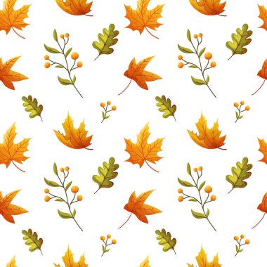 Parlak renkli sonbahar yaprakları ve böğürtlenlerin kusursuz deseni. Beyaz arkaplanda sonbahar sembolleri. Tekstil baskısı, ambalaj kağıdı, duvar kağıdı için vektör illüstrasyonu