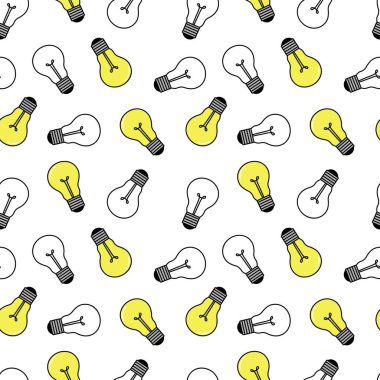 Elektrik ampulleriyle kusursuz desen. Beyaz arkaplanda fikir sembolü ışığı. Tekstil tasarımı, ambalaj, arkaplan ve parmak izleri için vektör ilüstrasyonu