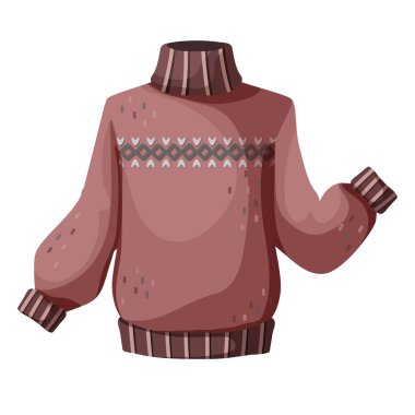 Beyaz arka planda modaya uygun desenli yün kazak. Soğuk hava için sıcak kıyafetler. Konforlu modern kazağın vektör çizimi, Jersey