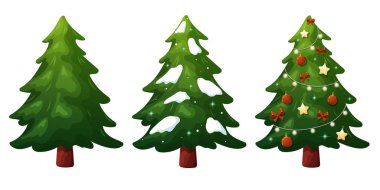 Karla süslenmiş Noel ağaçları dizisi. Kış Tatil Sembolü tasarım, tebrik kartı, davetiye, pankart, internet. Beyaz arkaplanda vektör illüstrasyonu