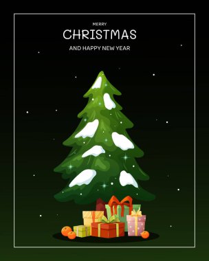 İçinde Noel ağacı ve koyu yeşil arka planda hediye kutuları olan tebrik kartı. Mutlu Noeller ve mutlu yıllar. Noel posteri, afişi, kartpostalı, davetiyesi vs. için vektör illüstrasyonu.