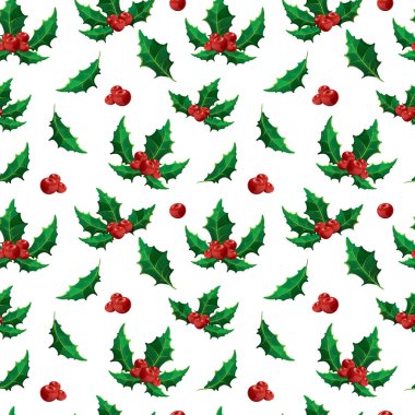 Beyaz arka planda kutsal yapraklar ve böğürtlenler olan kusursuz bir Noel deseni. Kumaş, duvar kağıdı, ambalaj, tekstil, web tasarımı için kutsal böğürtlen sembolleri.