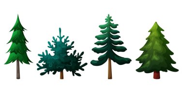 Bir sürü farklı Noel ağacı. Çam, ladin, beyaz arka planda köknar. Tasarım, tebrik kartı, davetiye, pankart, web için kış tatili sembolü.