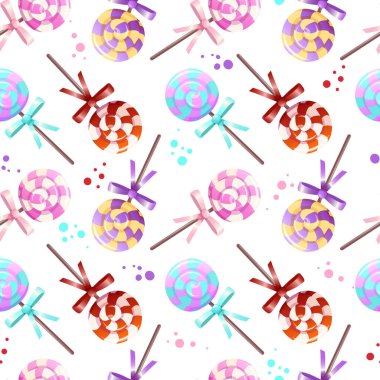 Şekersiz şeker deseni. Tahta bir çubukta renkli lolipoplar ve bir fiyonk. Bükülmüş şeker şekerli karamelin vektör çizimi. Tatlı yemek geçmişi.