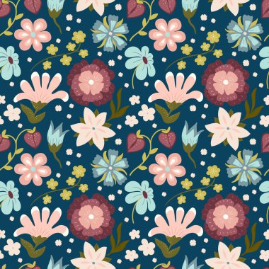 Bitkiler, yapraklar, dallar ve yapraklarla kusursuz çiçek deseni. Renkli çiçekli yaz arkaplanı. Paket, kumaş, iç dekorasyon, tekstil, baskı, broşür, etiket kağıdı için vektör tasarımı