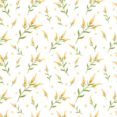 Kusursuz çiçek desenleri var. Beyaz arka planda yeşil yapraklı, narin çayır sarı mimoza çiçekleri var. Botanik tasarımı kumaş baskı, duvar kağıdı, hediye paketi ve...