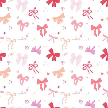 Çeşitli yay düğümleri ve hediye kurdeleleri olan kusursuz bir desen. El çizimi moda Vektör çizimi. Düğün kutlaması, tatil, parti dekorasyonu, hediye, hediye konsepti. Beyaz arkaplanda pürüzsüz desen