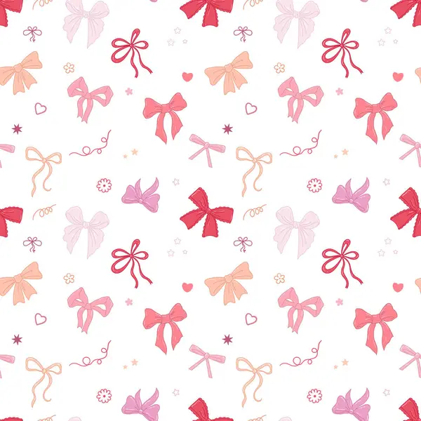 Çeşitli yay düğümleri ve hediye kurdeleleri olan kusursuz bir desen. El çizimi moda Vektör çizimi. Düğün kutlaması, tatil, parti dekorasyonu, hediye, hediye konsepti. Beyaz arkaplanda pürüzsüz desen