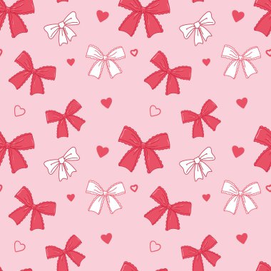Çeşitli yay düğümleri, hediye kurdeleleri ve kalpleri olan kusursuz pembe desenler. Tasarım projeleri, tebrik kartları, ambalajlar, moda aksesuarları ve tatil dekorasyonları için..