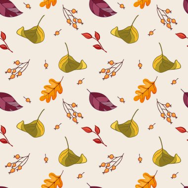 Renkli sonbahar yaprakları ve böğürtlenlerin kusursuz deseni. Kibar arka planda parlak sonbahar sembolleri. Tekstil baskısı, ambalaj kağıdı, duvar kağıdı için vektör illüstrasyonu