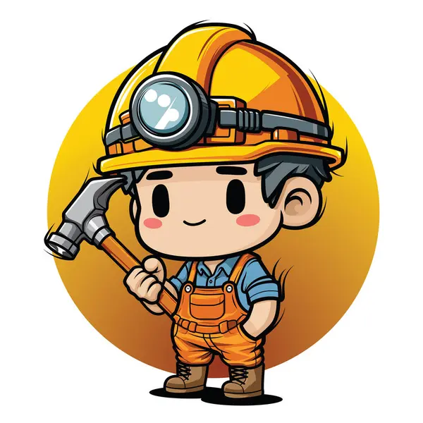 Cute Cartoon Construction Worker Chibi Stlye — Stock Vector