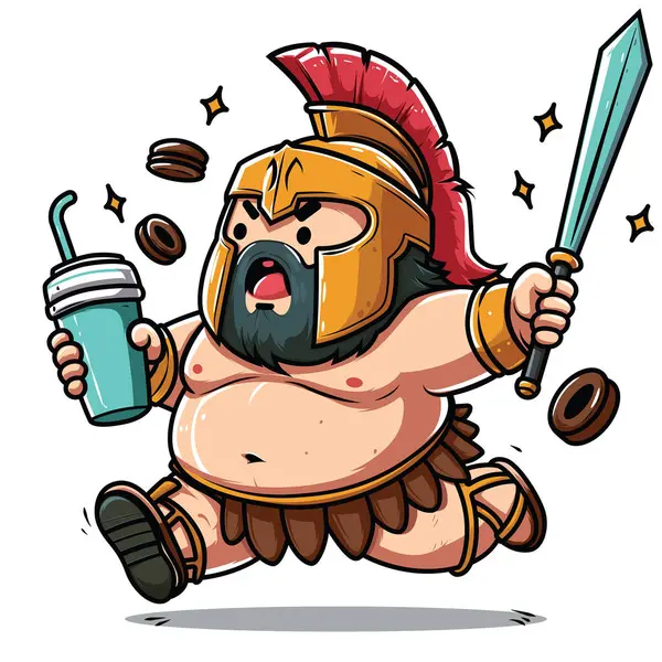 Fat Sparta Warrior Chibi Cartoon — Stock Vector