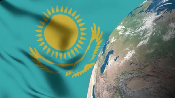Kazakstans Flagga Och Kazakstans Karta Över Jorden Globe — Stockvideo