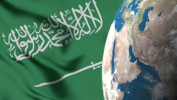 Saudiarabiens Flagga Och Saudiarabiens Karta Över Jordklotet — Stockvideo