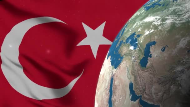 Turkiska Flaggan Och Turkiet Karta Över Jorden Globe — Stockvideo