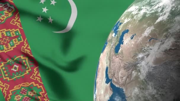 Turkmenistan Vlag Turkmenistan Kaart Aarde Globe — Stockvideo
