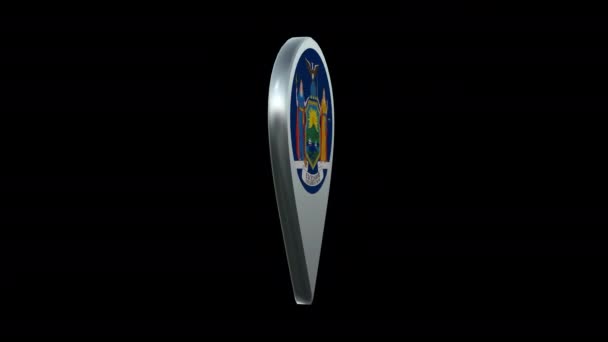有阿尔法通道环路的纽约州国旗位置地图标记盘 — 图库视频影像