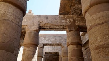 Karnak Tapınağı, Luxor, Mısır. Sütun Üzerine Hiyerogliflerle Büyük Hypostyle Salonu.