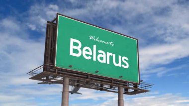 Belarus Yolu Tabelasına hoş geldiniz. Beyaz Rusya 'ya inen uçak..