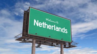 Hollanda Yol Tabelasına hoş geldiniz. Hollanda 'ya inen uçak.