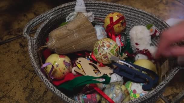 Close Woman Hangs Balls Decorate Christmas Tree Prepare House Winter — Vídeos de Stock