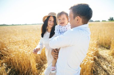 Mutlu bir yaz yürüyüşü yapan aile, anne, baba ve çocuk buğday tarlasında yürüyor ve gün batımında güzel doğanın tadını çıkarıyor. Yüksek kalite fotoğraf