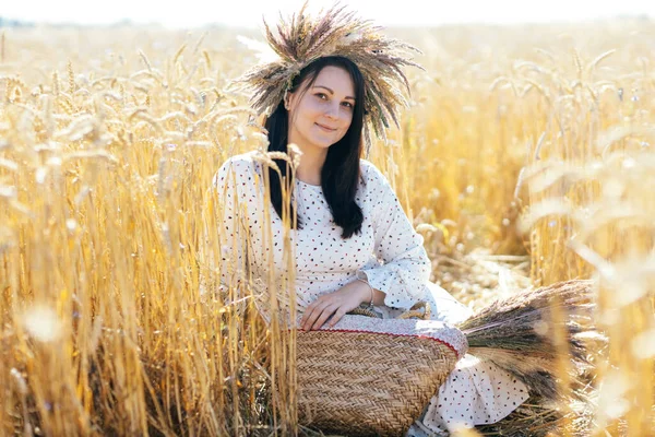 Buğday Tarlasında Yürüyen Güzel Elbiseli Genç Bir Kızın Portresi Yüksek — Stok fotoğraf
