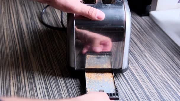전통적 토스터 바닥에서 부스러기를 전체를 쟁반을 비우고 제자리에 놓는다 고품질 — 비디오