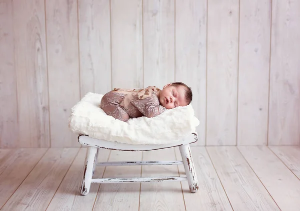 Cute Sleeping Newborn Baby Wooden Basket Wood Background Close High — Stock Photo, Image