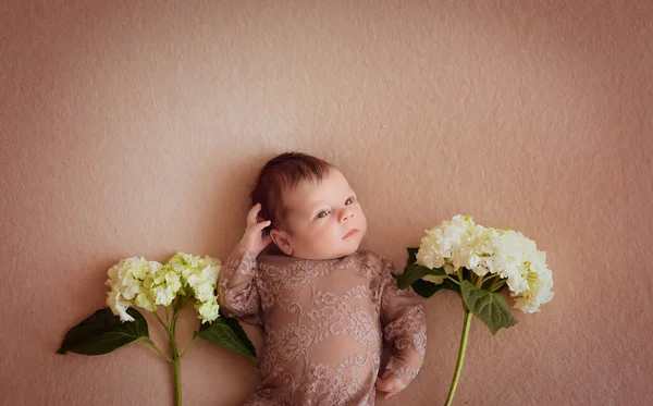 Portrett Liten Vakker Nyfødt Jente Med Blomster Kaffebakgrunn Søt Baby stockbilde