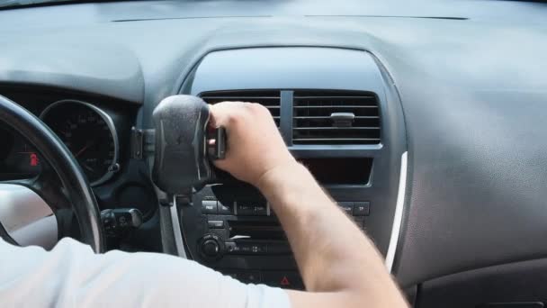Hands Young European Men Sitting Car Black Interior Attaches Phone — Stok Video