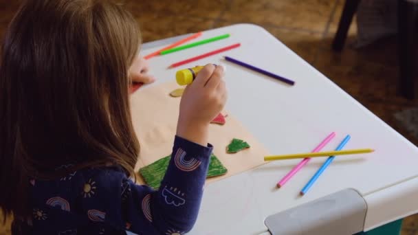Kleines Mädchen Bastelt Plakate Von Müllcontainern Zum Sortieren Kindergarten Oder — Stockvideo