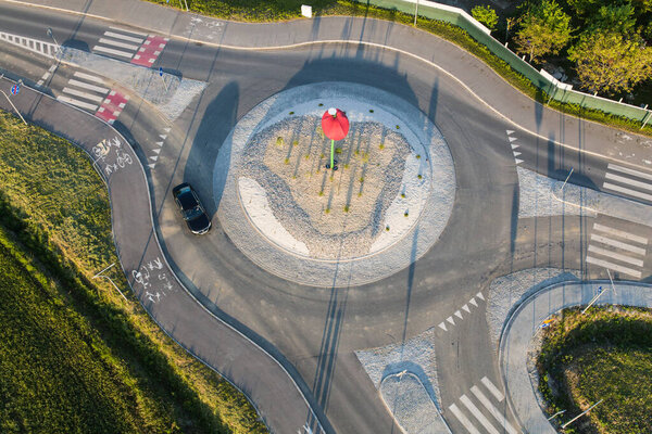 Aerial view of the  roundabout in Biala Nyska village in Poland