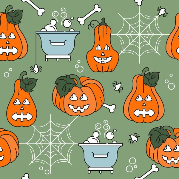 Padrão Sem Costura Feliz Halloween Ilustração Linear Vetorial Colorir Abóboras — Vetor de Stock