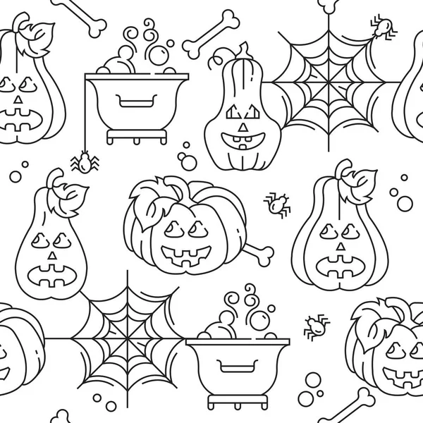 Padrão Sem Costura Halloween Ilustração Linear Vetorial Colorir Abóboras Teias — Vetor de Stock