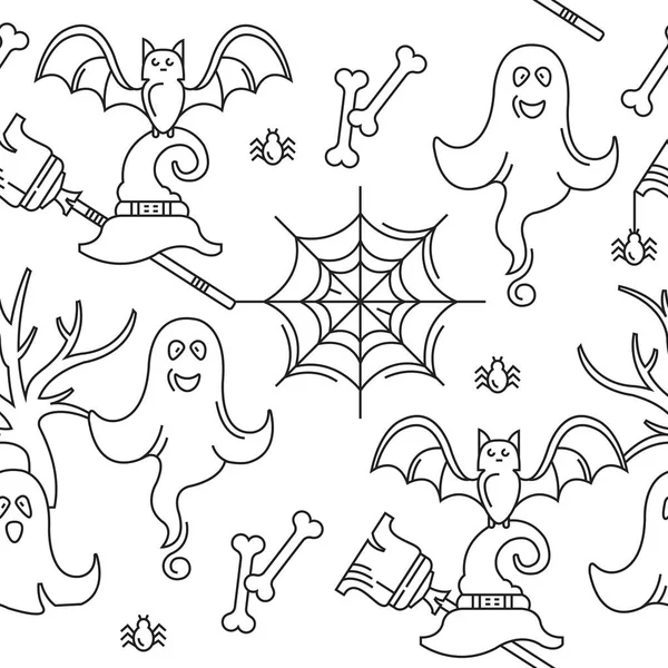Padrão Sem Costura Feliz Halloween Ilustração Linear Vetorial Fantasmas Teias — Vetor de Stock
